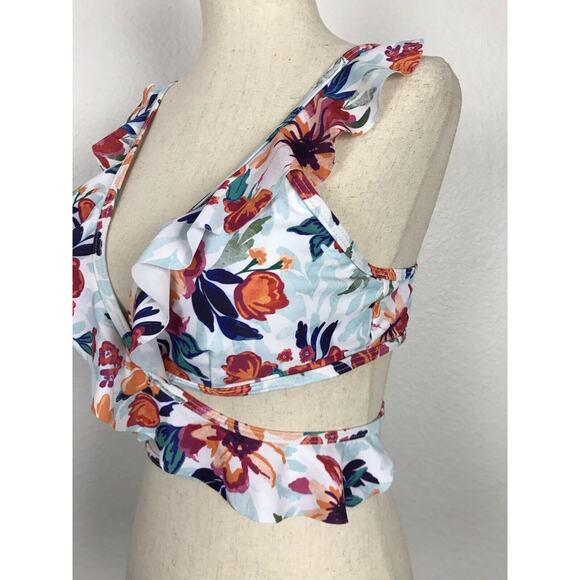 Verano Playa Floral Multicolor Ruffled Strappy Bikini Top Swimsuit - Picture 5 of 9